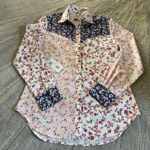 Scully floral vintage print  snap button western shirt white pink red large new